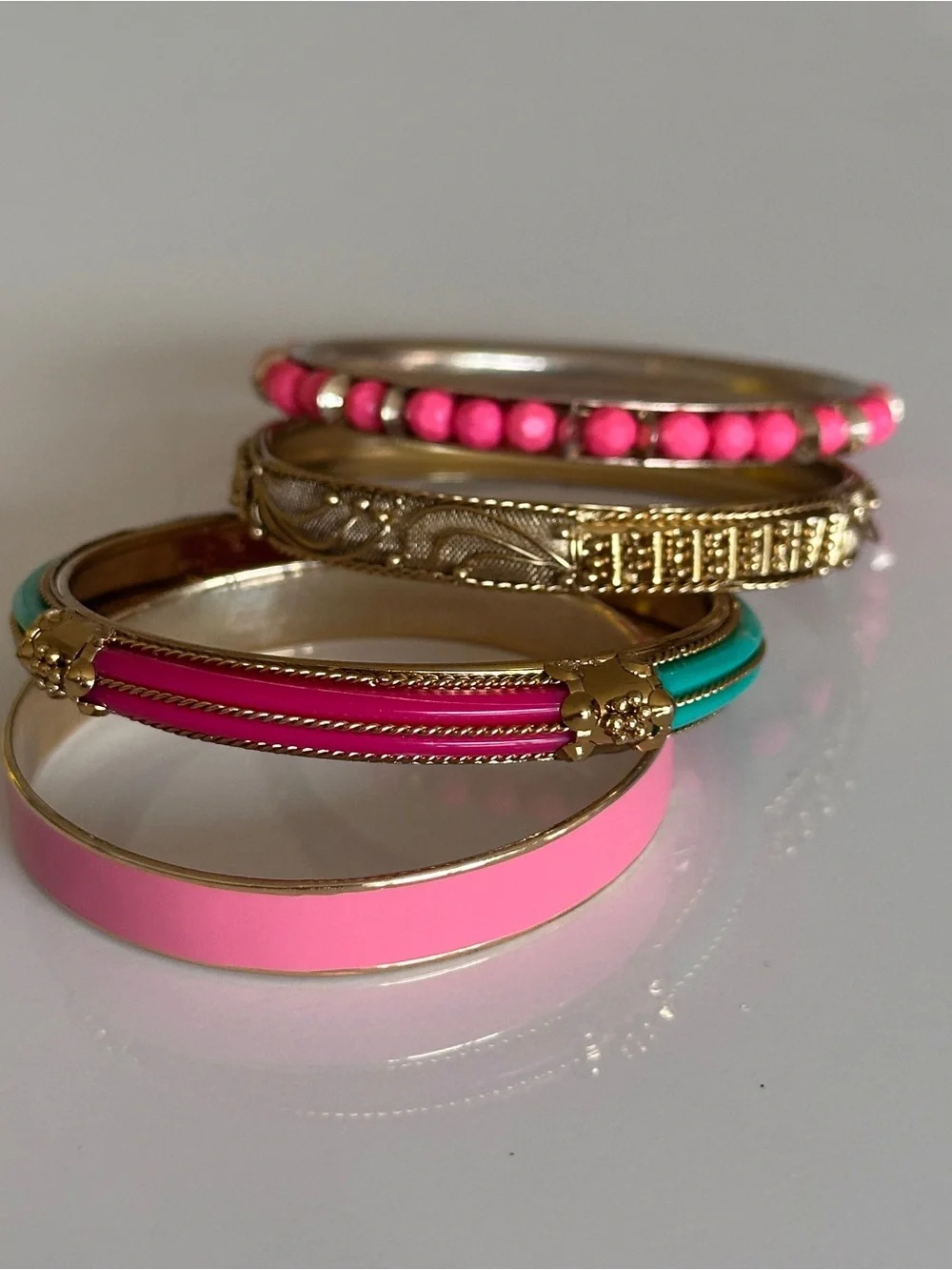 Lot 4 Womens Bangle Bracelets Gold Tone Beaded Enamel Boho Stackable Pink Teal⁠